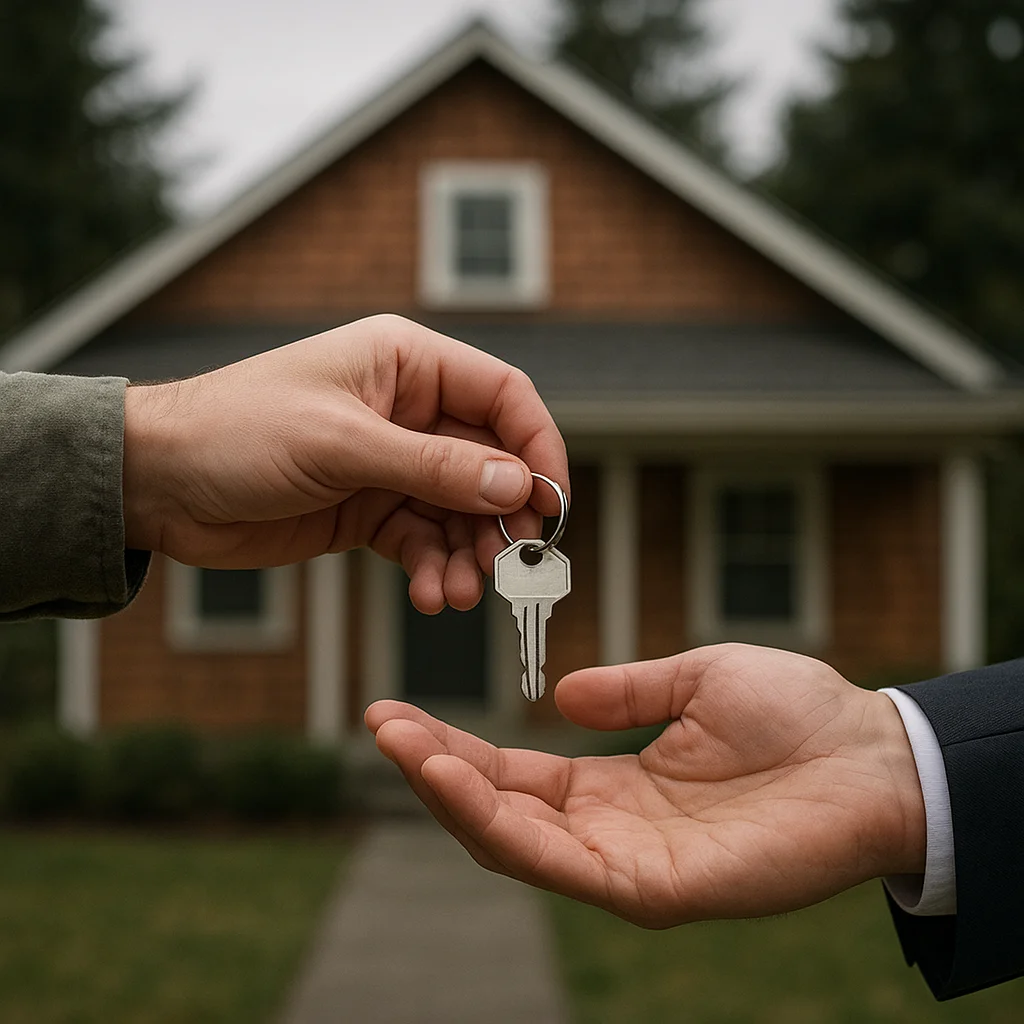 Homeowners receiving keys at closing table after selling before foreclosure