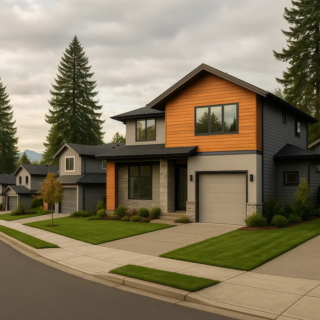 Bothell neighborhood street with modern homes and trees