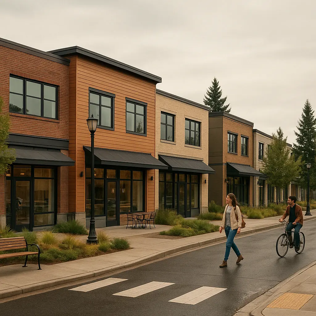 Burien downtown revitalization with storefronts and streetscape improvements