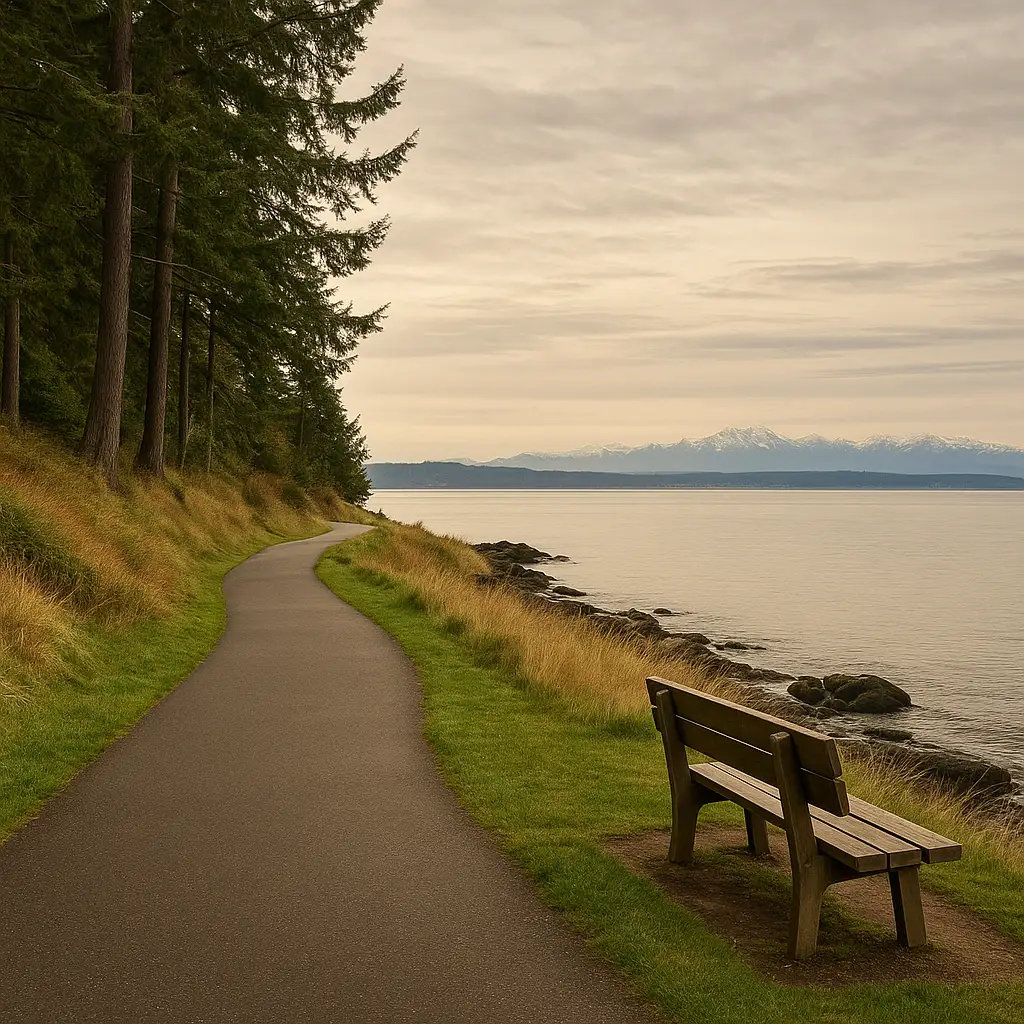 Seahurst Beach Park waterfront with trees and walking paths in Burien