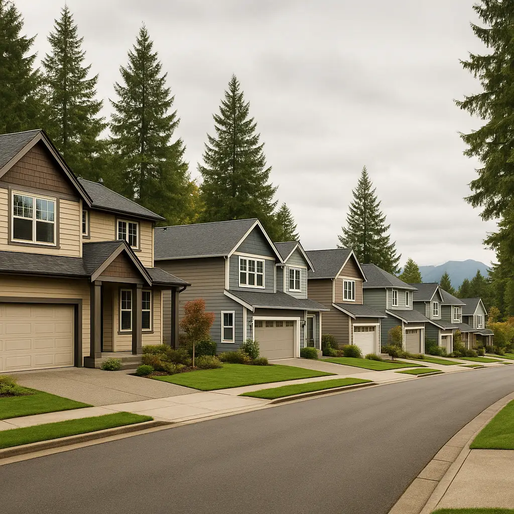 Covington neighborhood street with newer homes and mature trees
