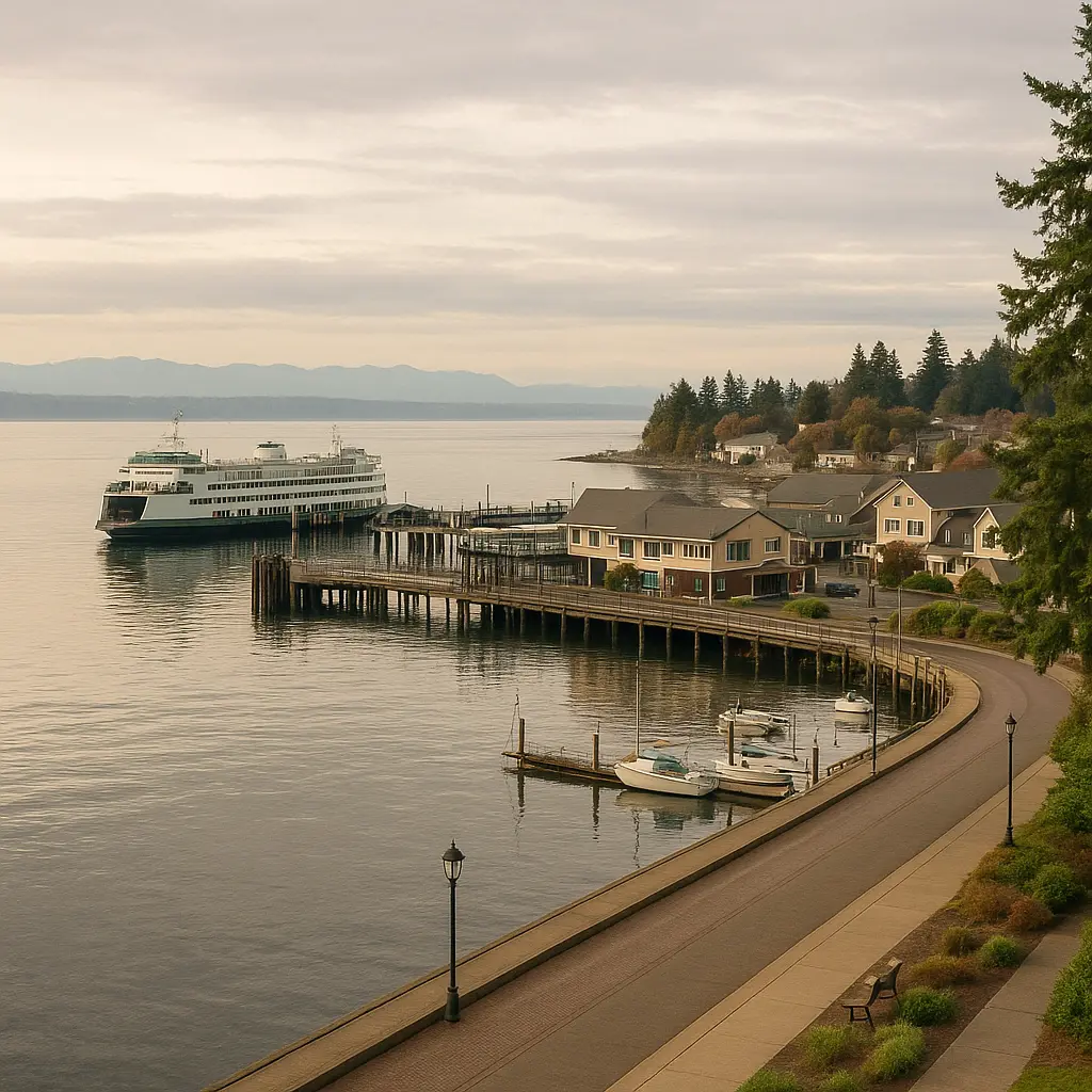 Edmonds waterfront with ferry terminal and Puget Sound views