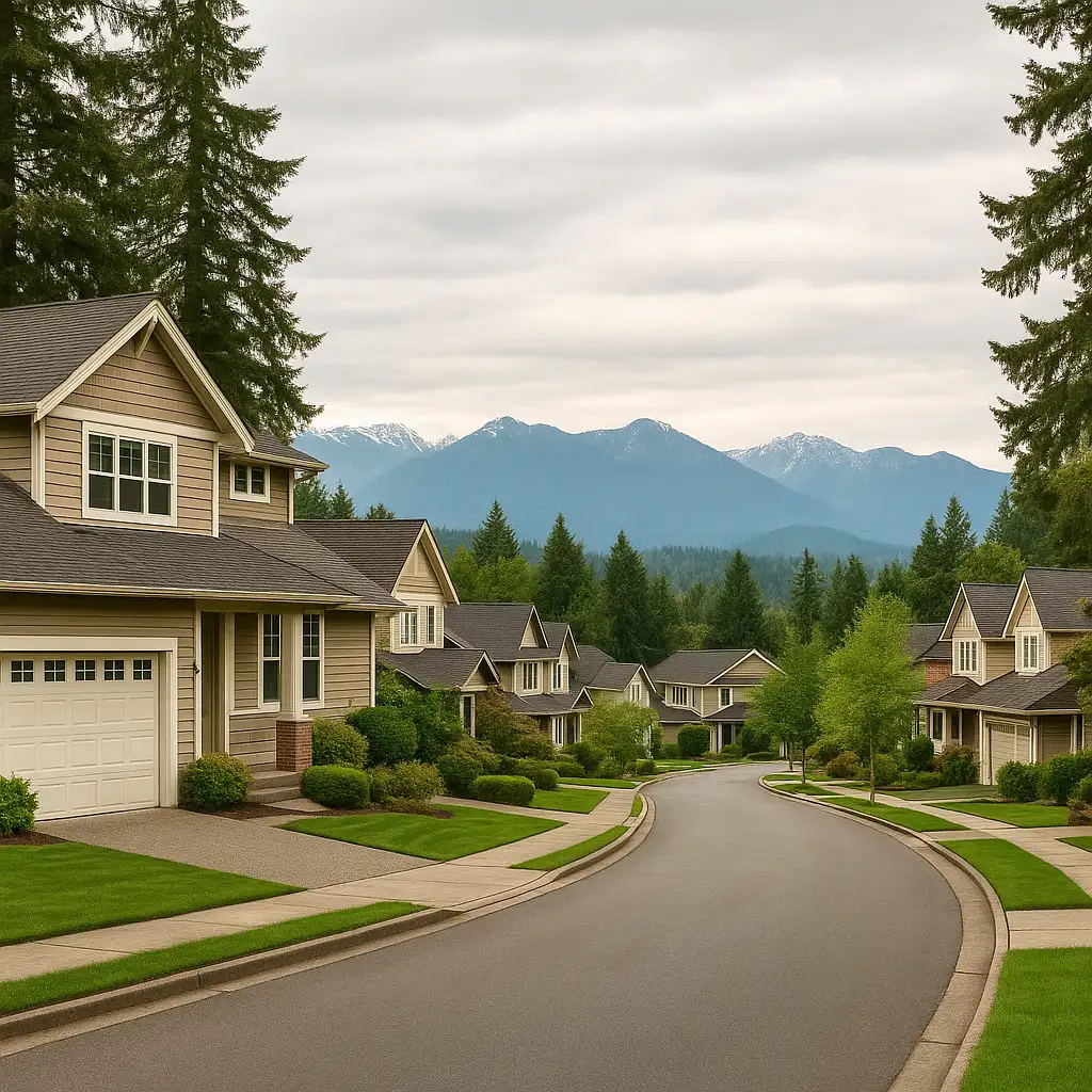 Issaquah neighborhood street with homes and mountain views
