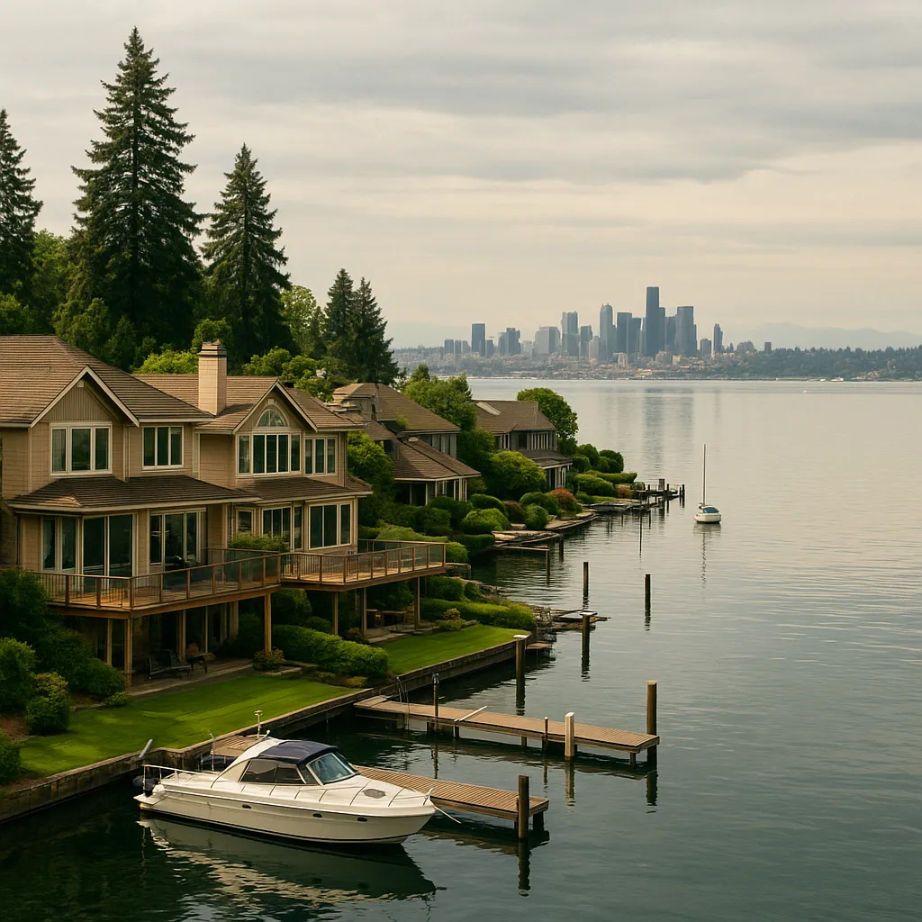 Kirkland waterfront homes and marina with downtown skyline