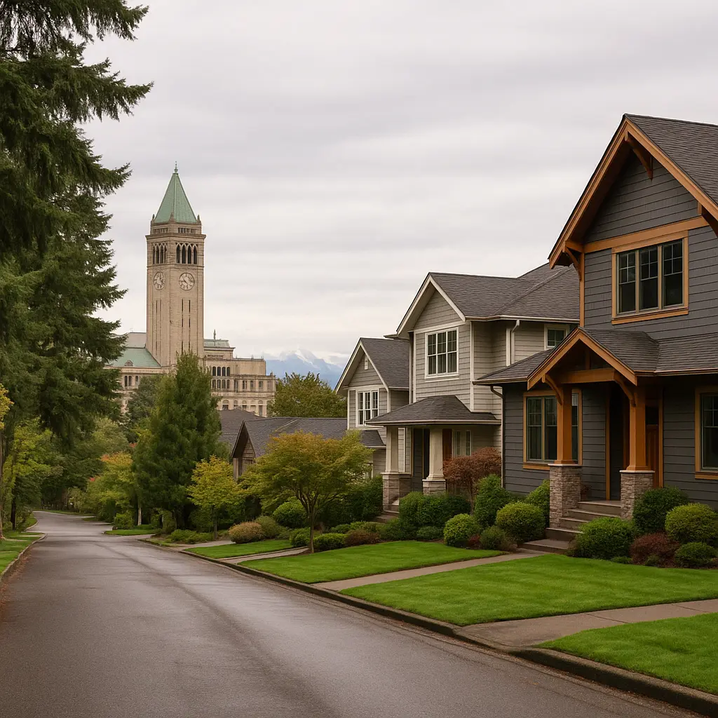 King County Courthouse and Kirkland residential street with mature trees