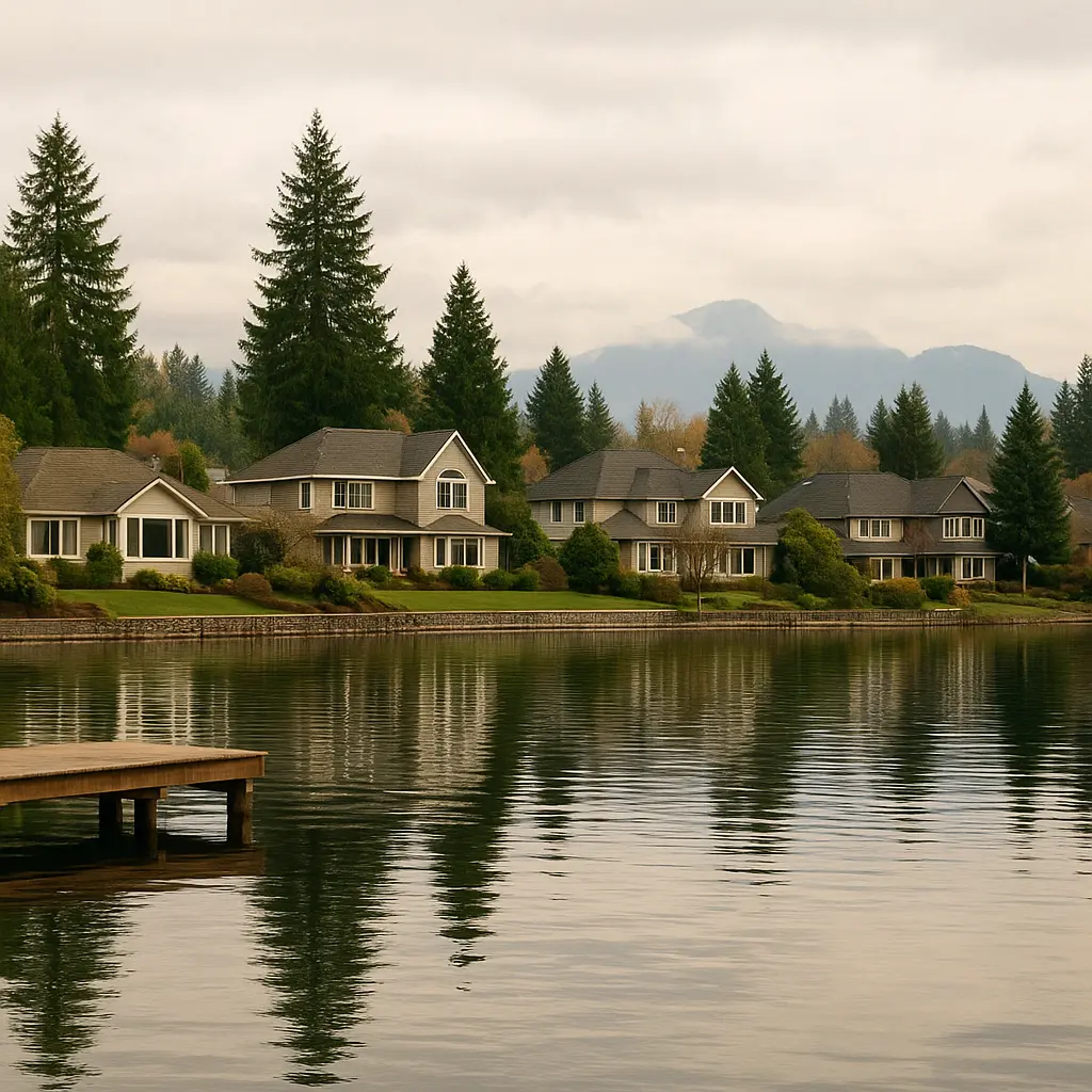 American Lake in Lakewood with residential neighborhood in background