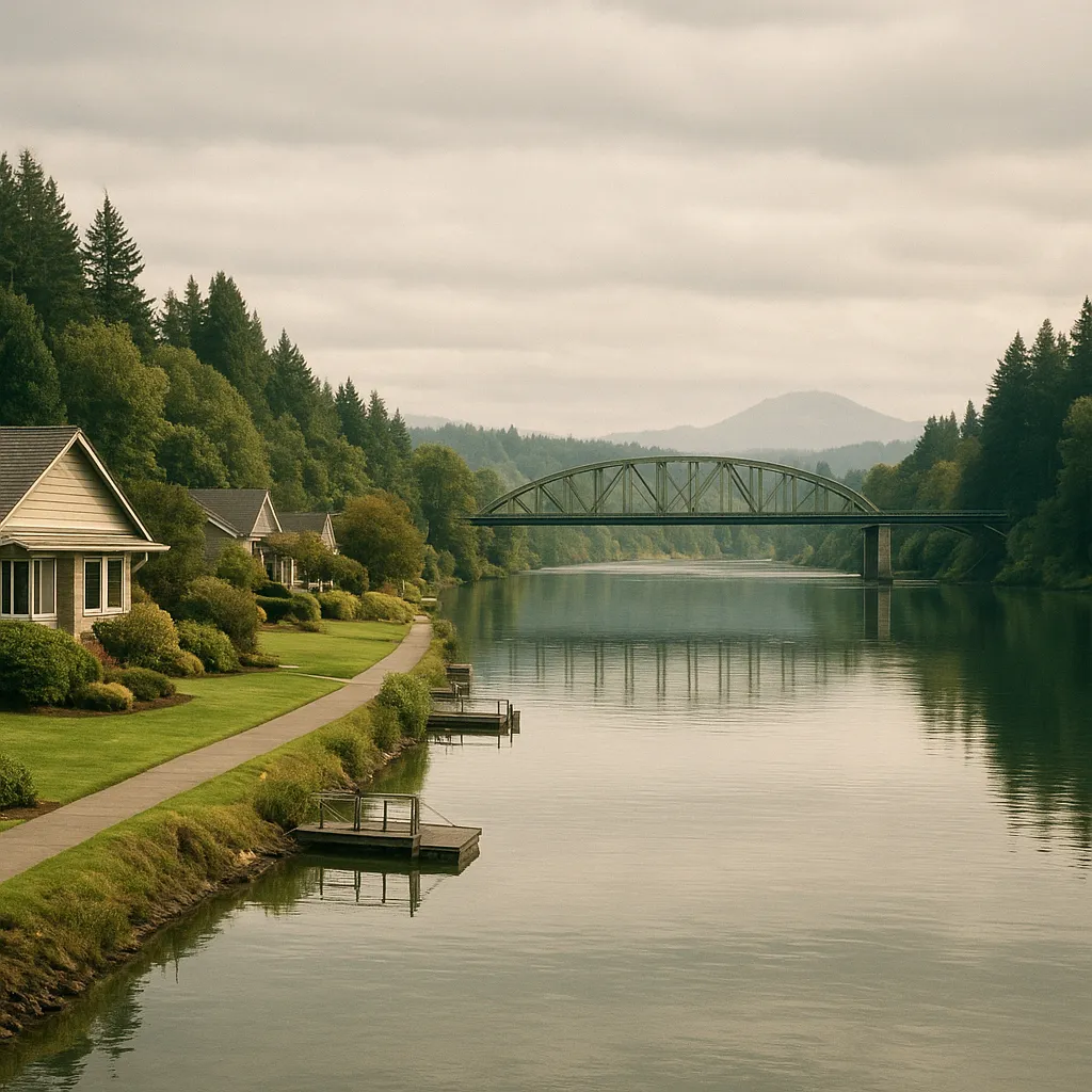 Longview Washington waterfront with Cowlitz River and bridge
