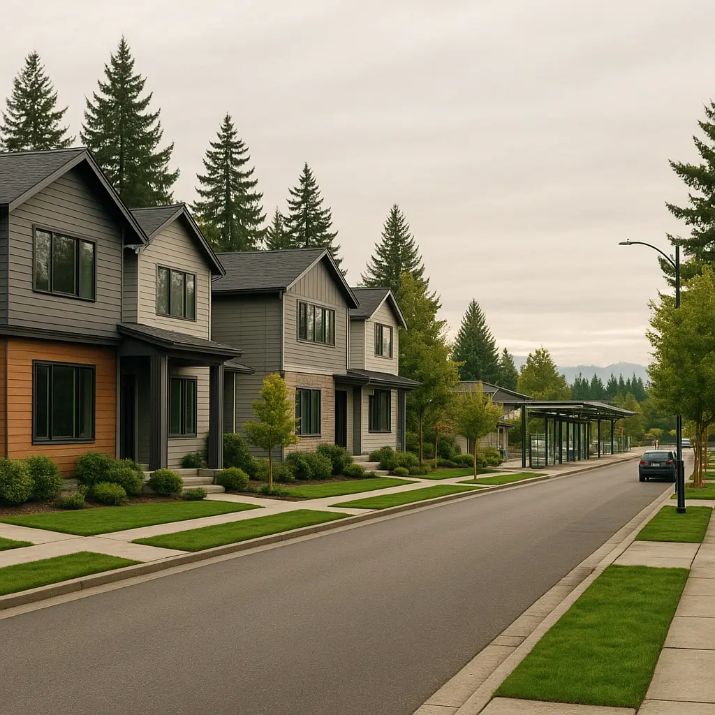 Lynnwood neighborhood street with modern homes and Link Light Rail station in background