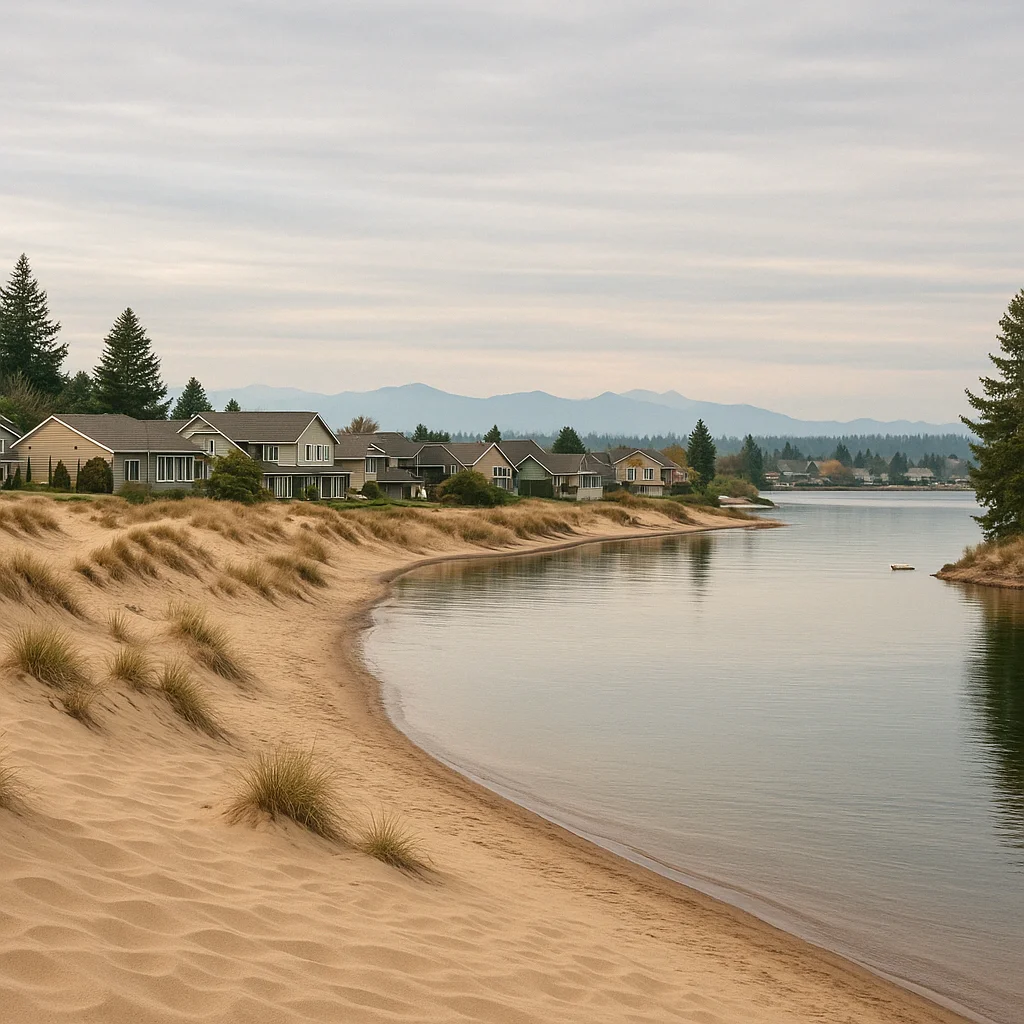 Moses Lake waterfront with sand dunes and residential neighborhoods in background