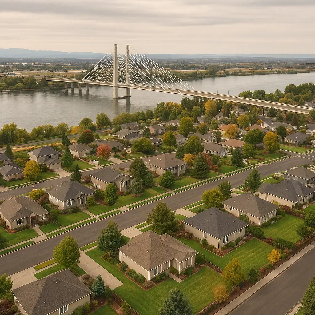 Aerial view of Pasco residential area near the Cable Bridge with Sacagawea Heritage Trail visible