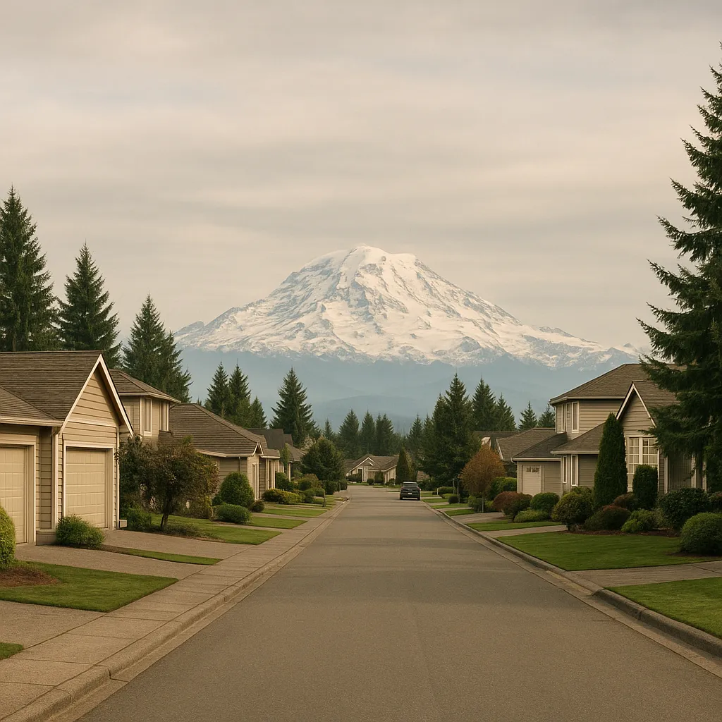Puyallup neighborhood street with homes and Mount Rainier in background