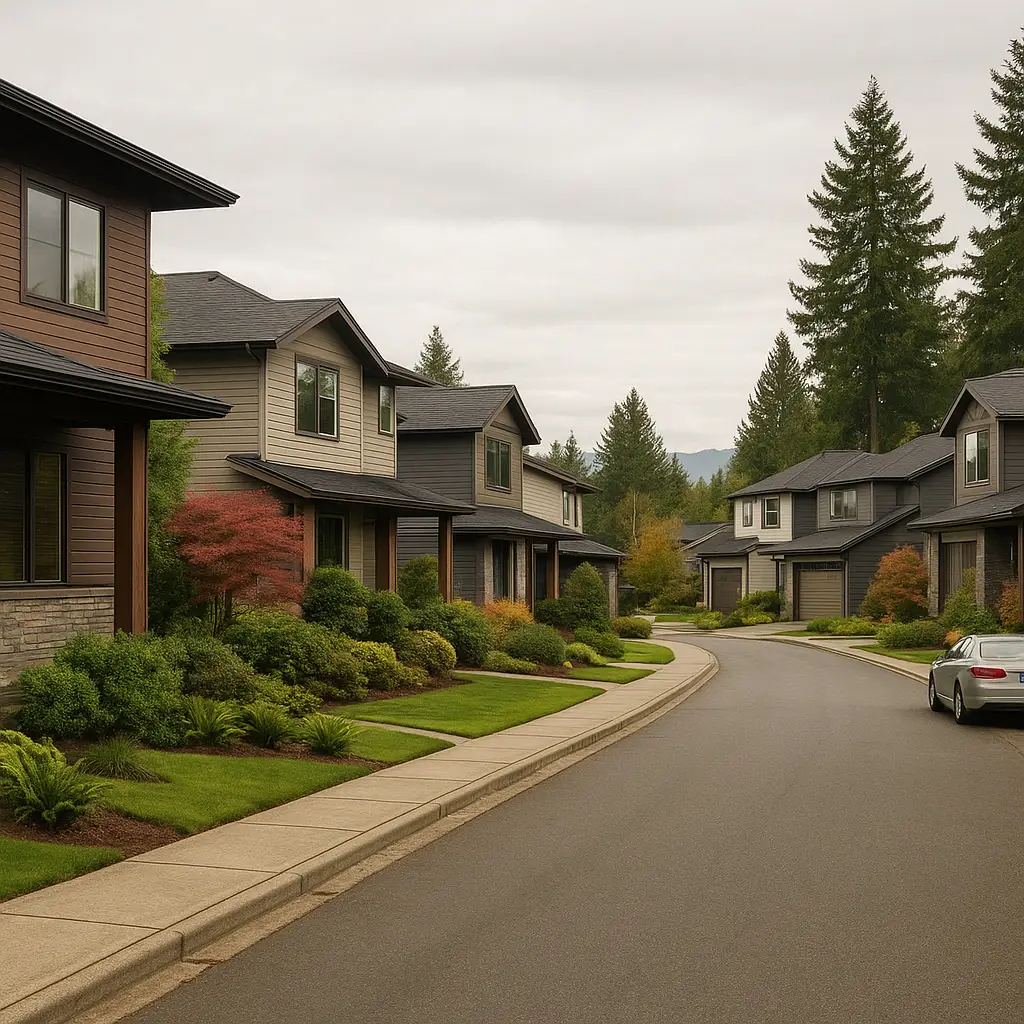 Redmond neighborhood street with modern homes and trees
