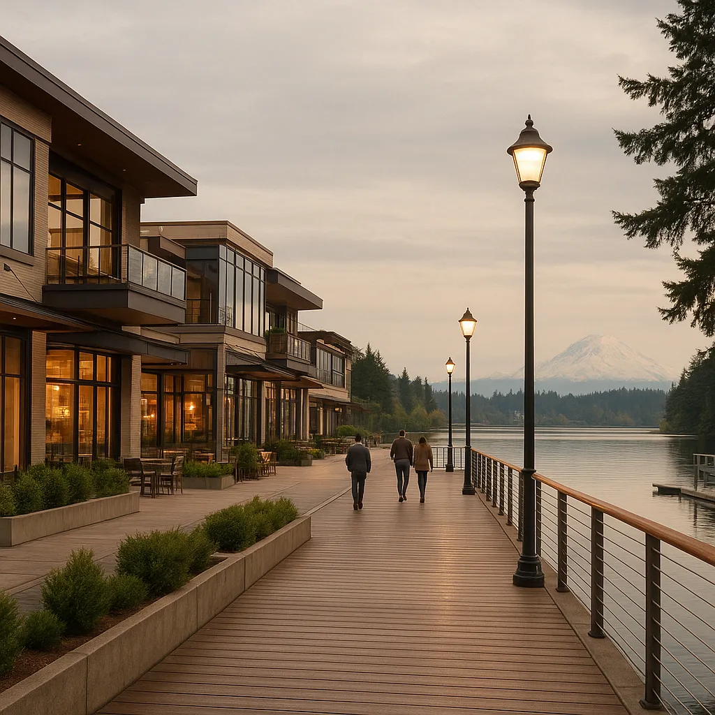 Renton's The Landing shopping district with waterfront views