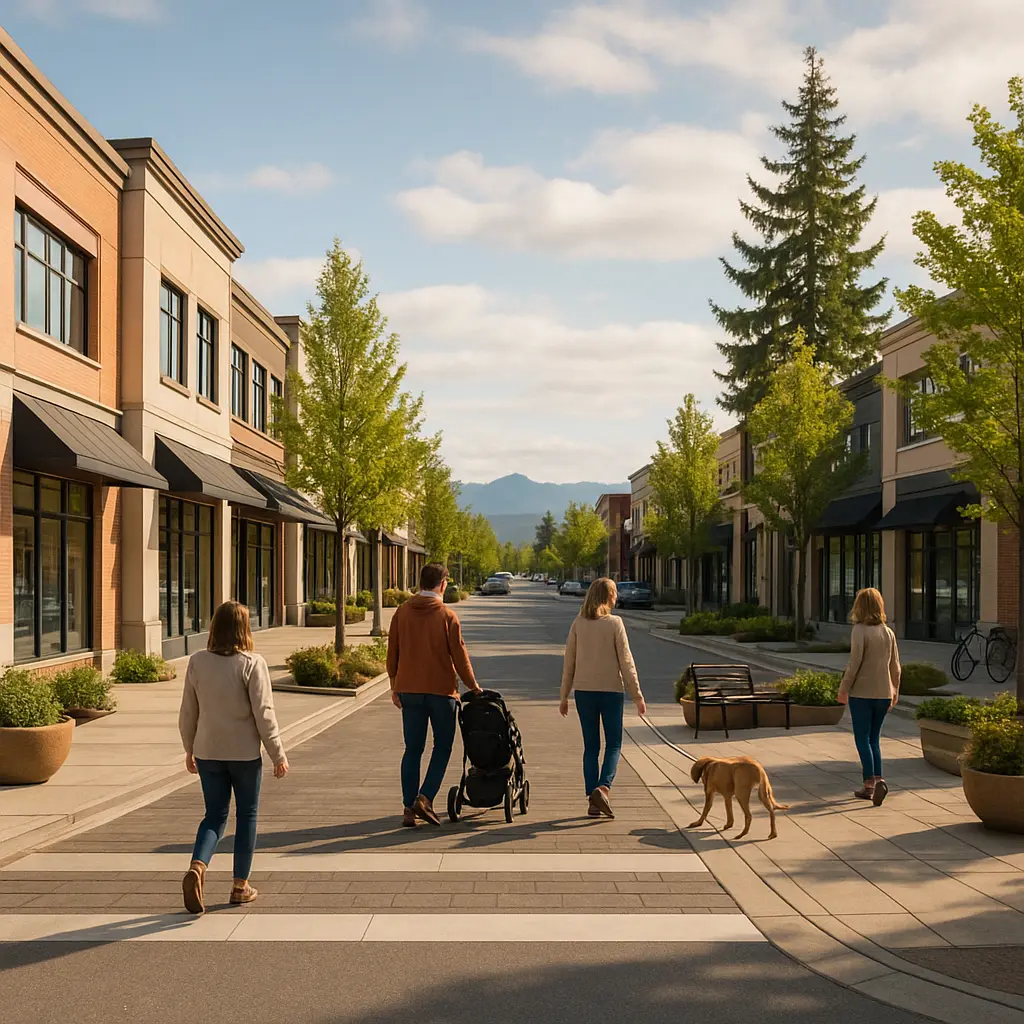 Shoreline Town Center with shops and pedestrians on a sunny day