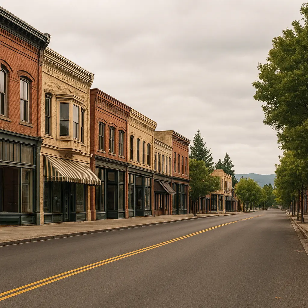 Walla Walla downtown street with historic buildings and trees